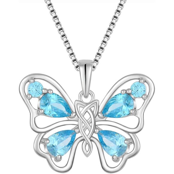 JIWOY Butterfly Necklace Sterling Silver Heart Aquamarine Pendant for Women - Picture 1 of 6